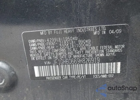 2009 Subaru Impreza 2.5I z USA, uszkodzony, nr VIN JF1GH60669H826919